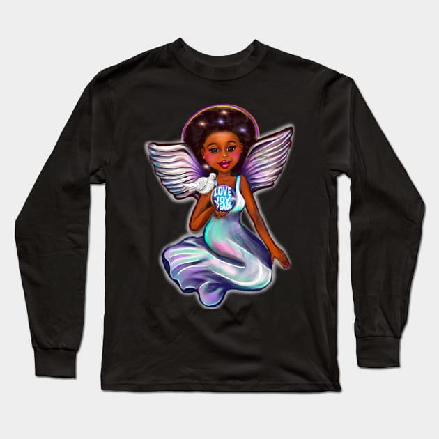 Angel with dove love joy and peace iii - Black angel of peace ! With glow, Afro hair, green eyes, Cherry pink lips and dark brown skin. Hair love ! Long Sleeve T-Shirt by Artonmytee